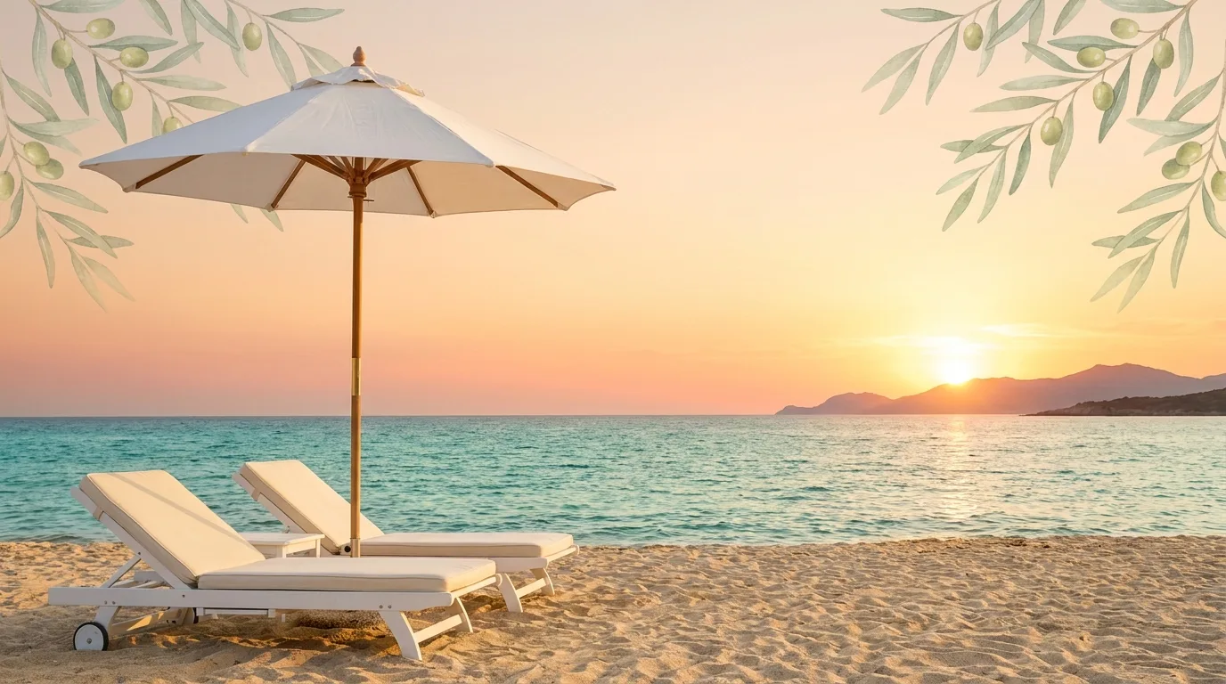 Stabilimento balneare La Conchiglia Beach sulla spiaggia di Liscia Ruja al tramonto, Costa Smeralda — lettini e ombrelloni